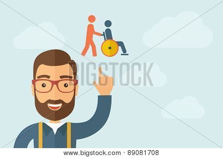 A Man pointing the man pointing pushin a friend in a wheelchair icon. A contemporary style with pastel palette, light blue cloudy sky background. Vector flat design illustration. Horizontal layout