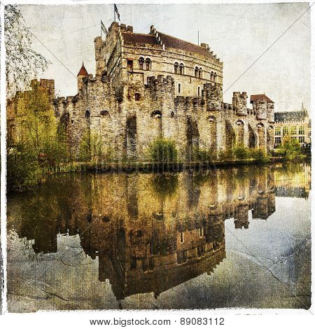 medieval castle Gravensteen in Ghent, Belgium. Artistic retro pi
