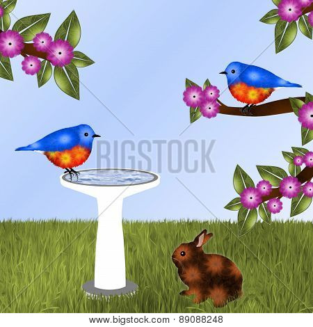 Pair of Bluebirds and a Bunny Background