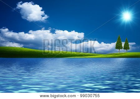 Fairy natural landscape with green hills under blue skies and couple of woods
