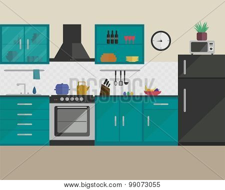 Kitchen in flat style with furniture