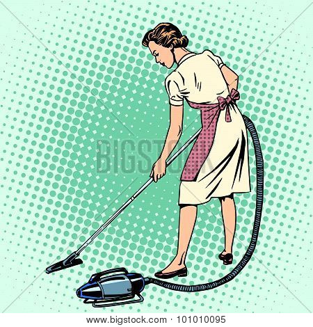 Woman vacuuming the room housewife housework comfort