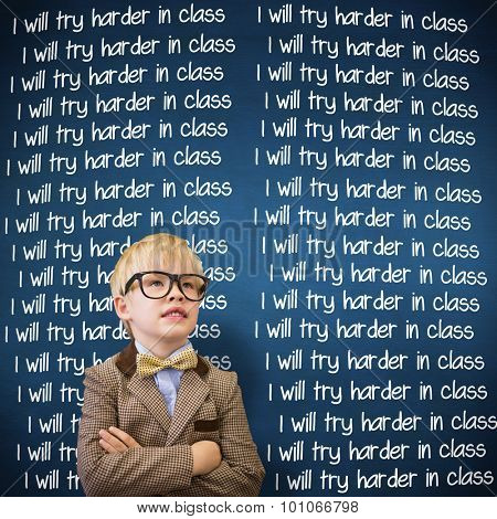 Cute pupil dressed up as teacher against blue chalkboard