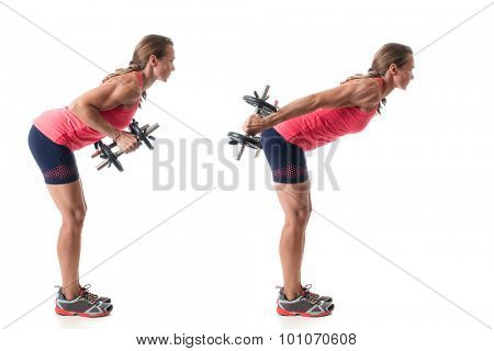 Triceps kickback exercise. Studio shot over white.