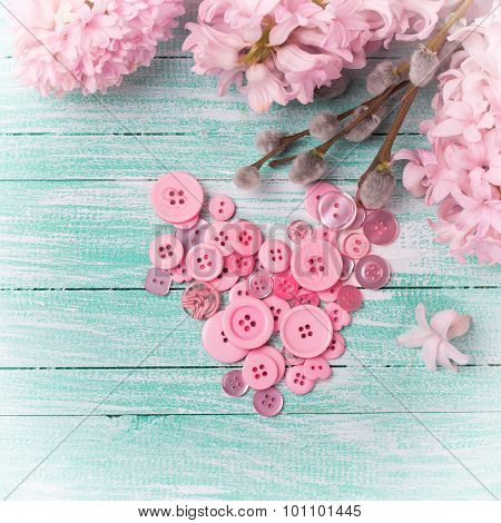 Postcard With Heart From Buttons And Hyacinths And Willow Flowers