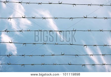 Barbed Wire And Blue Sky With Clouds
