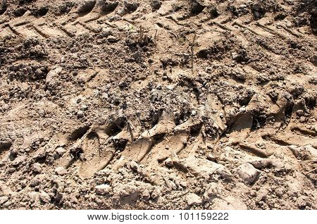 Wheel Tracks On Red Color Marshy Road.