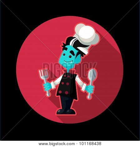 Round Flat Vector Icon With Vampire Cook And Kitchenware For Halloween