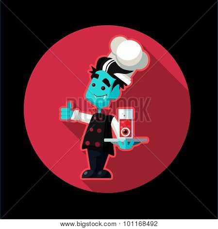 Round Flat Vector Icon With Vampire Cook And Kitchenware For Halloween