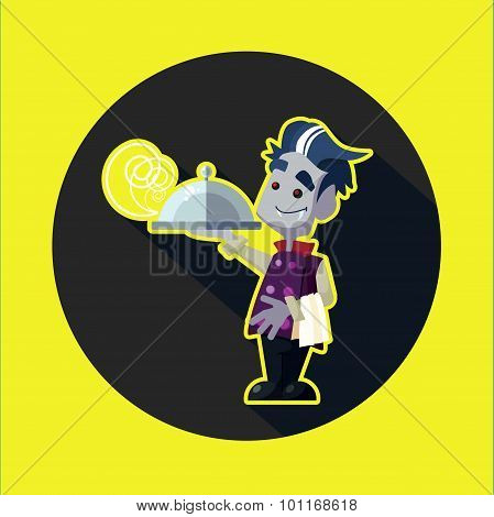 Round Flat Vector Icon With Vampire Cook And Kitchenware For Hal