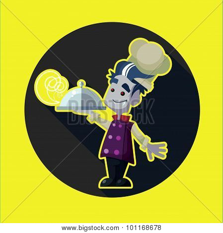 Round Flat Vector Icon With Vampire Cook And Kitchenware For Halloween