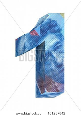 Number from swiss franc bill alphabet set isolated over white. Computer generated 3D photo rendering.