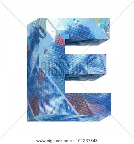 One letter from swiss franc bill alphabet set isolated over white. Computer generated 3D photo rendering.