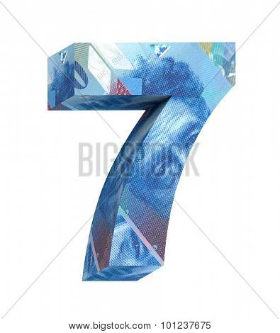 Number from swiss franc bill alphabet set isolated over white. Computer generated 3D photo rendering.