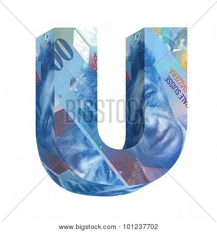 One letter from swiss franc bill alphabet set isolated over white. Computer generated 3D photo rendering.