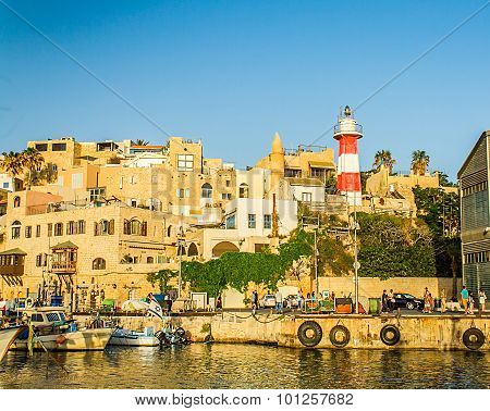 Jaffa Port, view of the old town and lighthouse