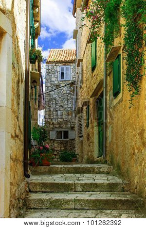 medieval lane in the old town of Hvar, Croatia