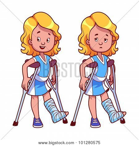 Cheerful And Sad Girl With A Broken Leg In A Cast.