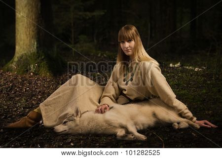 Slavonian Girl And Siberian Husky In The Deep Forest