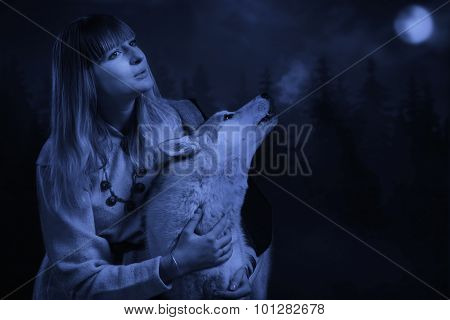 Girl And Wolf In The Deep Forest
