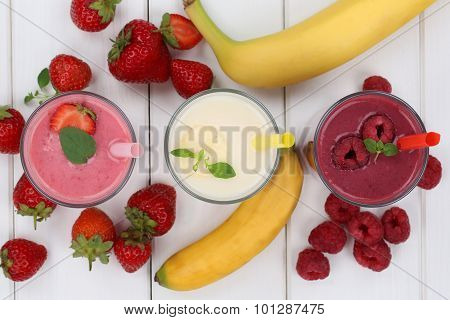 Smoothie Fruit Juice With Fruits Like Strawberries, Raspberries And Banana From Above