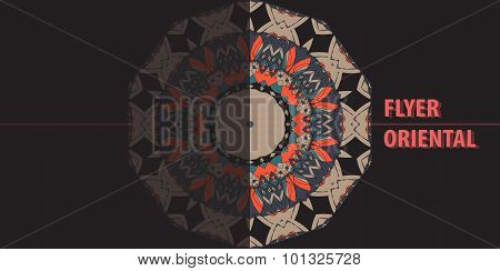 Print Blank Flyer. Abstract Retro Ornate Half Mandala Background for greeting card, Brochure, Card o