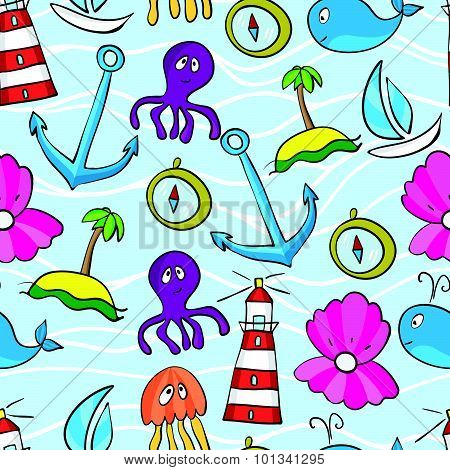 Seamless Sea Pattern: Whale, Boat, Island, Anchor, Octopus, Jellyfish, Lighthouse Painted In Cartoon