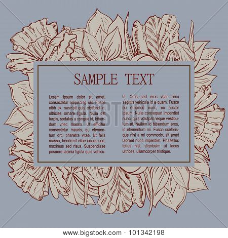 Card With Hand Paimted Sketch Flowers And Place For Text.