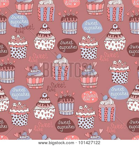 Cute pattern with decorated sweet cupcakes