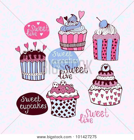 Vector set with sweet cupcakes