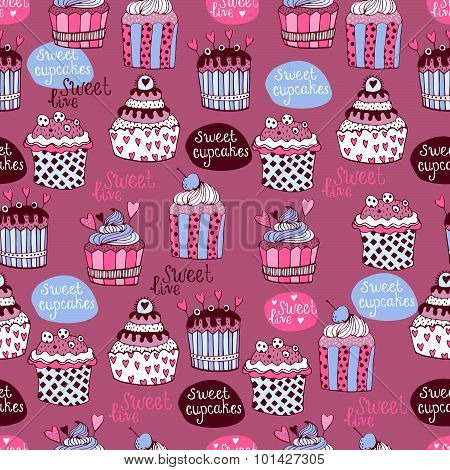 Cute seamless pattern with decorated sweet cupcakes