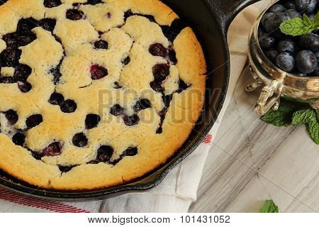 Blueberry Cobbler baked in a skillet Top View