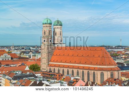 Aerial view of Munchen Marienplatz, New Town Hall and Frauenkirche