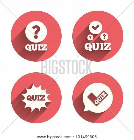 Quiz icons. Speech bubble with check mark symbol