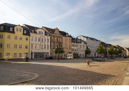 WERDAU, GERMANY - AUGUST 26, 2015: The marketplace of Werdau with ist beautiful facade of the buildings