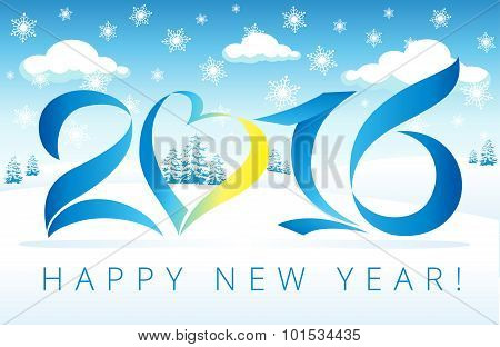 2016 new years blue colored greetings. Set of colorfull celebrating numbers with 0 as hearts. 1st, 2th, 6th, 10th, 20th, 60th, 100th, 200th, 600th digits. Abstract invite with snowflakes and spruces.