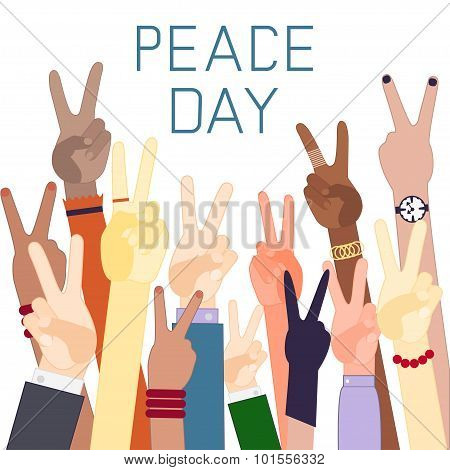 Hands of different nationalities with the sign of peace. Peace Day. Flat design