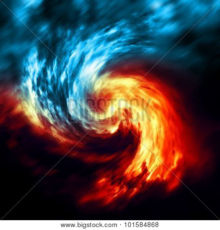 Fire And Ice Abstract  Background. Red And Blue Smoke Swirl On Dark Background