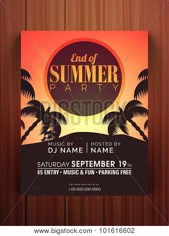 End of Summer Season Party celebration flyer, banner or template on wooden background.