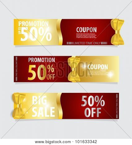 Gift coupons with gift bows and ribbons. Vector illustration.