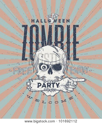 Halloween party poster with zombie head and hand - line art vector illustration