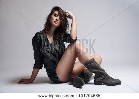 Fashion Rocker Style Model Girl Portrait. Hairstyle. Rocker Or Punk Woman Makeup, Hairdo And Accesso