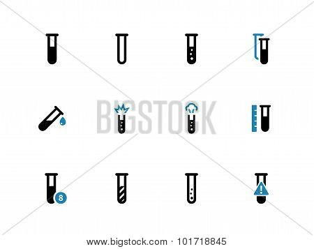 Chemical test tube duotone icons on white background.