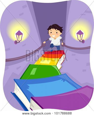 Stickman Illustration of a Little Boy Climbing a Flight of Stairs Made of Books