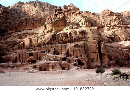 Tombs carved into the red sandstone in Petra,Jordan
