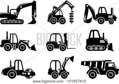 Set Of Silhouette Toys Heavy Construction Machines In A Flat Style.