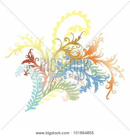 Ornate curly flower vines and leaves illustration.