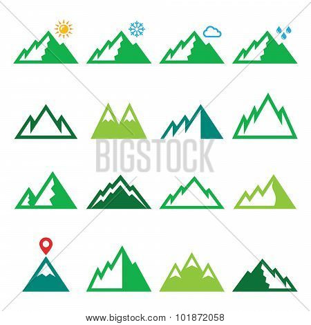Mountains, nature vector green icons set