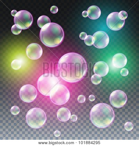Transparent Multicolored Soap Bubbles Vector Set On Plaid Background. Sphere Ball, Design Water