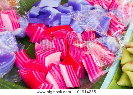Kind Of Thai Sweetmeat, Multi Layer Colorful Sweet Cake Pandan (kanom Chan Pandan).